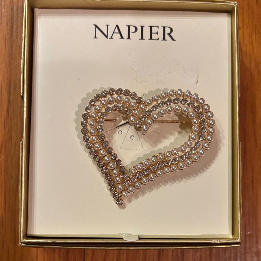 Napier Gold, Pearl & Rhinestone Heart Brooch-New